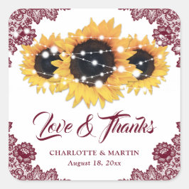 Burgundy Rustic Chic Sunflower Weddenschap Bedankt Vierkante Sticker