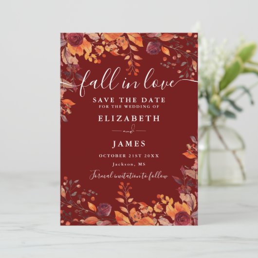 Burgundy Rustic Fall Autumn Photo Wedding Save The Date (Staand voorkant)