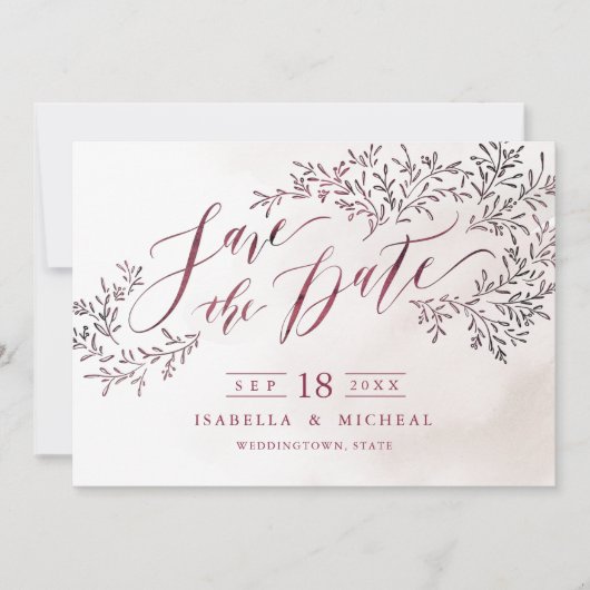Burgundy rustic floral calligraphy save the date (Voorkant)