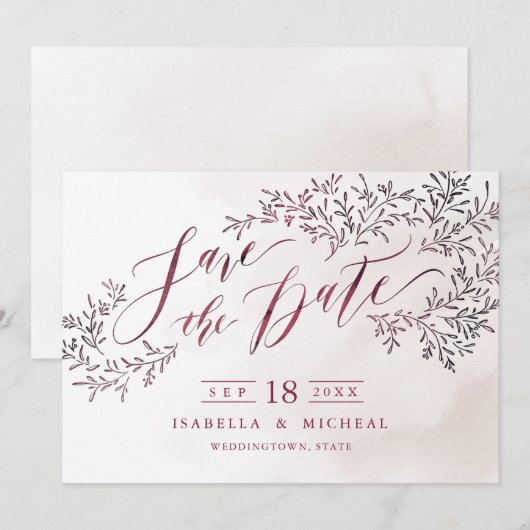 Burgundy rustic floral calligraphy save the date (Voorkant / Achterkant)