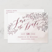 Burgundy rustic floral calligraphy save the date aankondigingskaart (Voorkant / Achterkant)