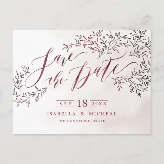 Burgundy rustic floral calligraphy save the date aankondigingskaart (Voorkant)