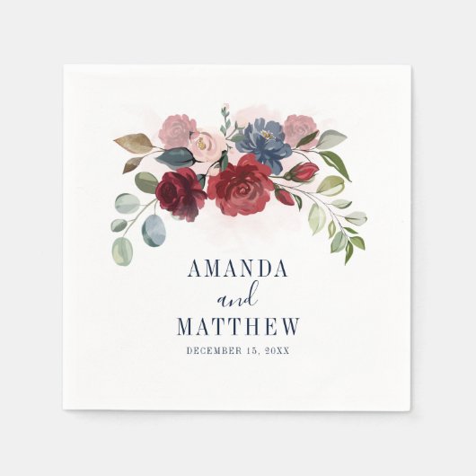 Burgundy Rustic Floral Custom Wedding Paper Servet (Voorkant)