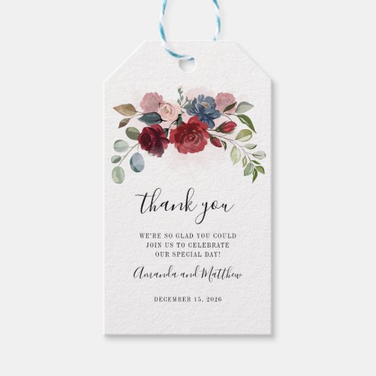 Burgundy Rustic Floral Custom Wedding Welkom Cadeaulabel (Voorkant)