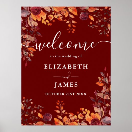 Burgundy Rustic Floral Fall Wedding Welcome Sign Poster (Voorkant)