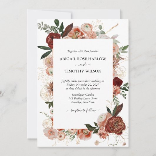 Burgundy Rustic Floral Gold Roos Marsala Wedding  Kaart (Voorkant)