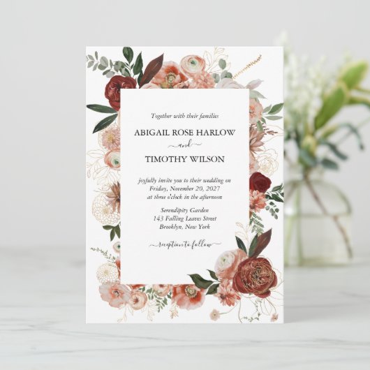 Burgundy Rustic Floral Gold Roos Marsala Wedding  Kaart (Staand voorkant)