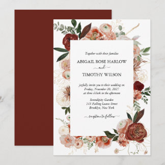 Burgundy Rustic Floral Gold Roos Marsala Wedding  Kaart