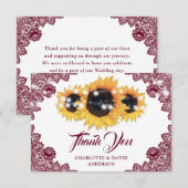 Burgundy Rustic Floral Lace Sunflower Wedding Bedankkaart (Voorkant / Achterkant)