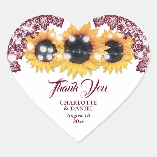 Burgundy Rustic Floral Lace Sunflower Wedding Hart Sticker (Voorkant)