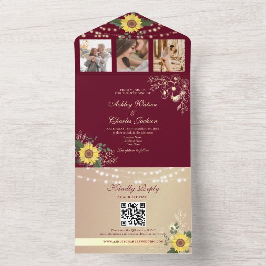 Burgundy Rustic Sunflower Wedding All In One Uitnodiging (Binnen)