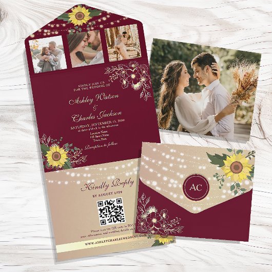 Burgundy Rustic Sunflower Wedding All In One Uitnodiging