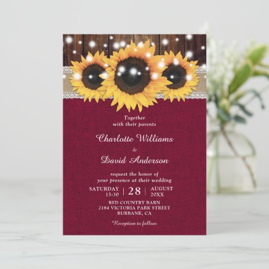 Burgundy Rustic Sunflower Wedding Kaart (Staand voorkant)