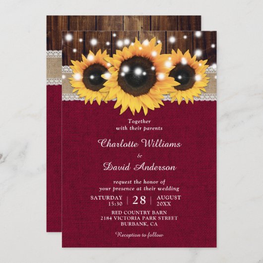 Burgundy Rustic Sunflower Wedding Kaart (Voorkant / Achterkant)
