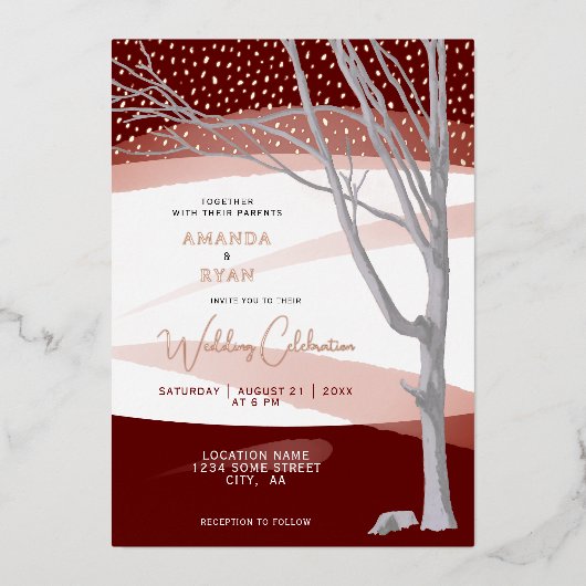 Burgundy Rustic Winter Tree Waterverf Wedding Folie Uitnodiging (Voorkant)