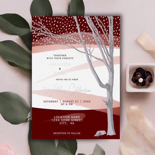 Burgundy Rustic Winter Tree Waterverf Wedding Folie Uitnodiging