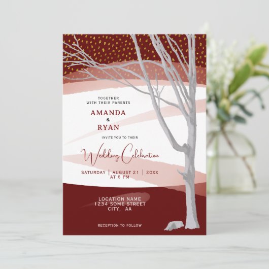 Burgundy Rustic Winter Tree Waterverf Wedding Kaart (Staand voorkant)