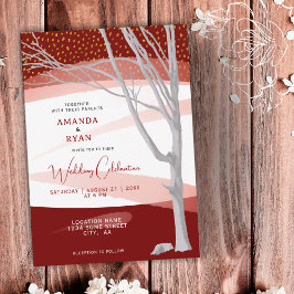 Burgundy Rustic Winter Tree Waterverf Wedding Kaart