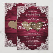 Burgundy Rustic Wood Burlap Lights Wedding Kaart (Voorkant / Achterkant)