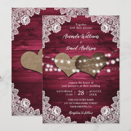 Burgundy Rustic Wood Burlap Lights Wedding Kaart (Voorkant / Achterkant)