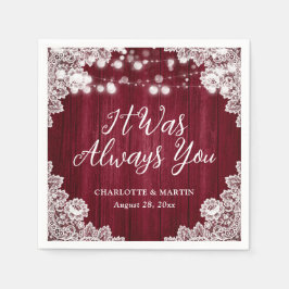 Burgundy Rustic Wood Floral Lace Wedding Servet