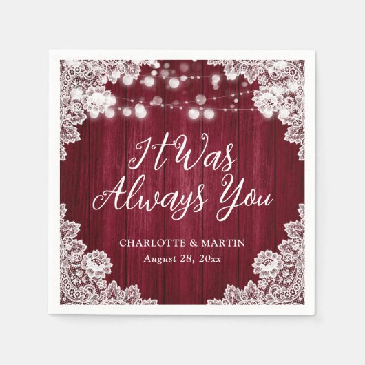 Burgundy Rustic Wood Floral Lace Wedding Servet (Voorkant)