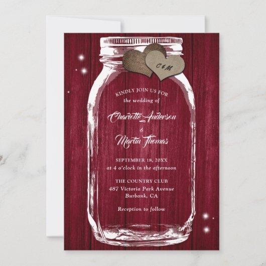 Burgundy Rustic Wood Hearts Mason Jar Wedding Kaart (Voorkant)