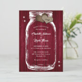 Burgundy Rustic Wood Hearts Mason Jar Wedding Kaart (Staand voorkant)