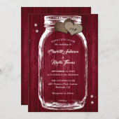 Burgundy Rustic Wood Hearts Mason Jar Wedding Kaart (Voorkant / Achterkant)