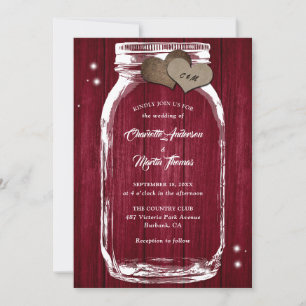 Burgundy Rustic Wood Hearts Mason Jar Wedding Kaart