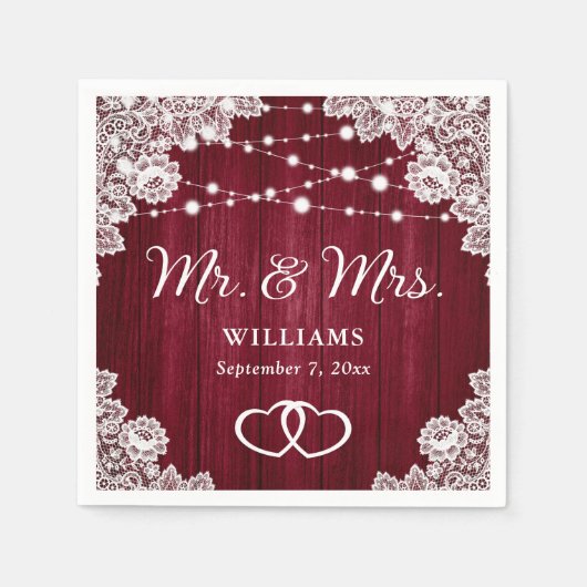 Burgundy Rustic Wood Lace String Lights Wedding Servet (Voorkant)