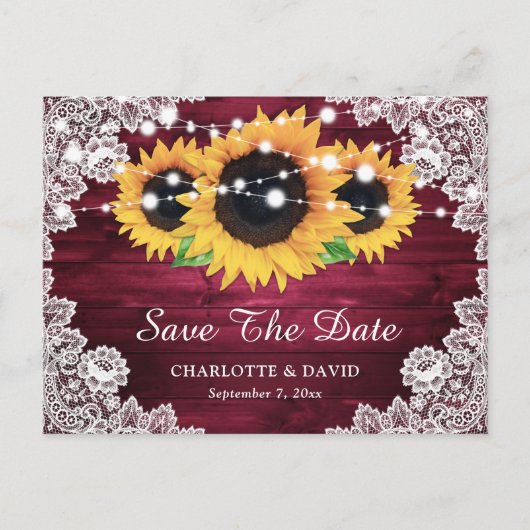Burgundy Rustic Wood Lace Sunflower Save the Date Aankondigingskaart (Voorkant)