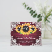 Burgundy Rustic Wood Lace Sunflower Save the Date Aankondigingskaart (Staand voorkant)