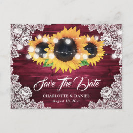 Burgundy Rustic Wood Lace Sunflower Save the Date Aankondigingskaart