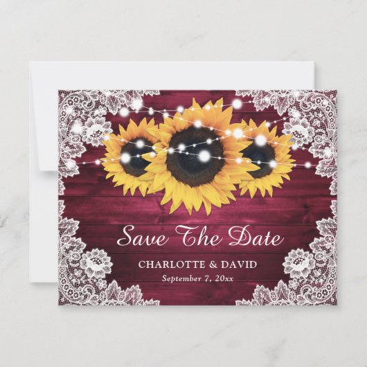 Burgundy Rustic Wood Lace Sunflower Wedding Aankondiging (Voorkant)