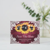 Burgundy Rustic Wood Lace Sunflower Wedding Aankondiging (Staand voorkant)