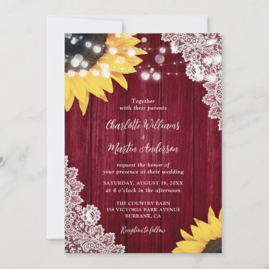 Burgundy Rustic Wood Lace Sunflower Wedding Kaart (Voorkant)
