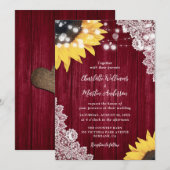 Burgundy Rustic Wood Lace Sunflower Wedding Kaart (Voorkant / Achterkant)