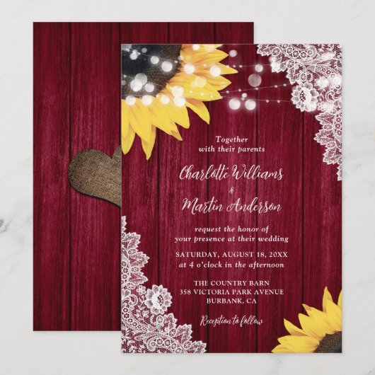 Burgundy Rustic Wood Lace Sunflower Wedding Kaart (Voorkant / Achterkant)