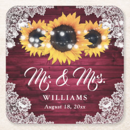 Burgundy Rustic Wood Lace Sunflower Wedding Kartonnen Onderzetters
