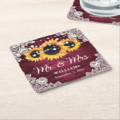 Burgundy Rustic Wood Lace Sunflower Wedding Kartonnen Onderzetters (Schuin)