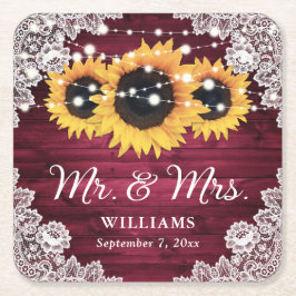 Burgundy Rustic Wood Lace Sunflower Wedding Kartonnen Onderzetters