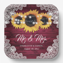 Burgundy Rustic Wood Lace Sunflower Wedding Papieren Bordje