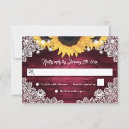 Burgundy Rustic Wood Lace Sunflower Wedding RSVP Kaartje