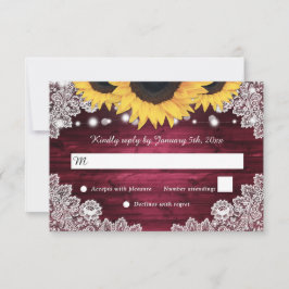 Burgundy Rustic Wood Lace Sunflower Wedding RSVP Kaartje