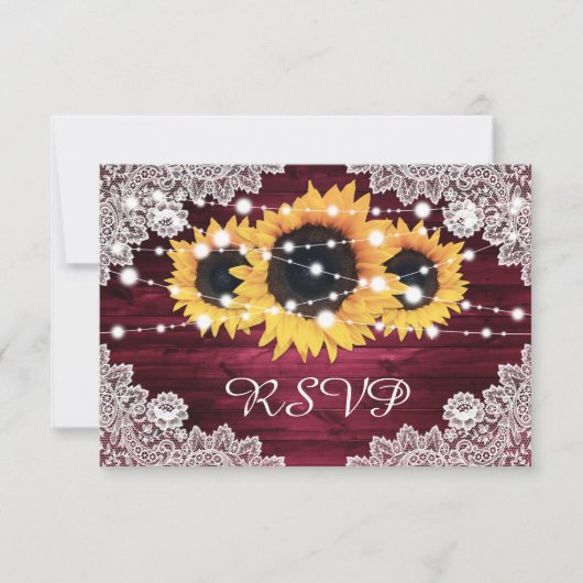 Burgundy Rustic Wood Lace Sunflower Wedding RSVP Kaartje (Voorkant)
