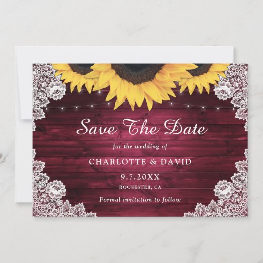 Burgundy Rustic Wood Lace Sunflower Wedding Save The Date (Voorkant)