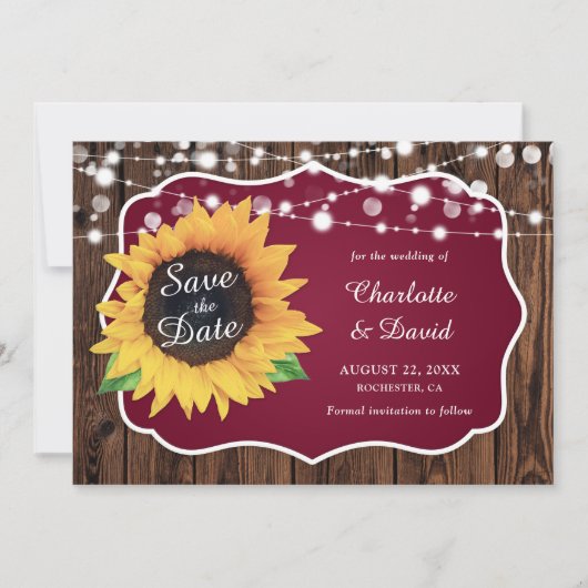 Burgundy Rustic Wood Licht Zonnebloembruiloft Save The Date (Voorkant)