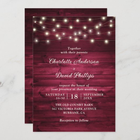 Burgundy Rustic Wood String Lights Wedding Kaart (Voorkant / Achterkant)