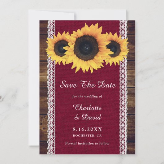 Burgundy Rustic Wood Sunflower Wedding Save The Date (Voorkant)